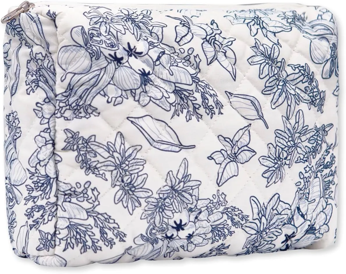 Long Keeper Large Makeup Bag Floral Aesthetic Cosmetic Bag Women Cotton Travel Make Up Bag Cute Flower Toiletry Organizer Bag (Navy Flower)