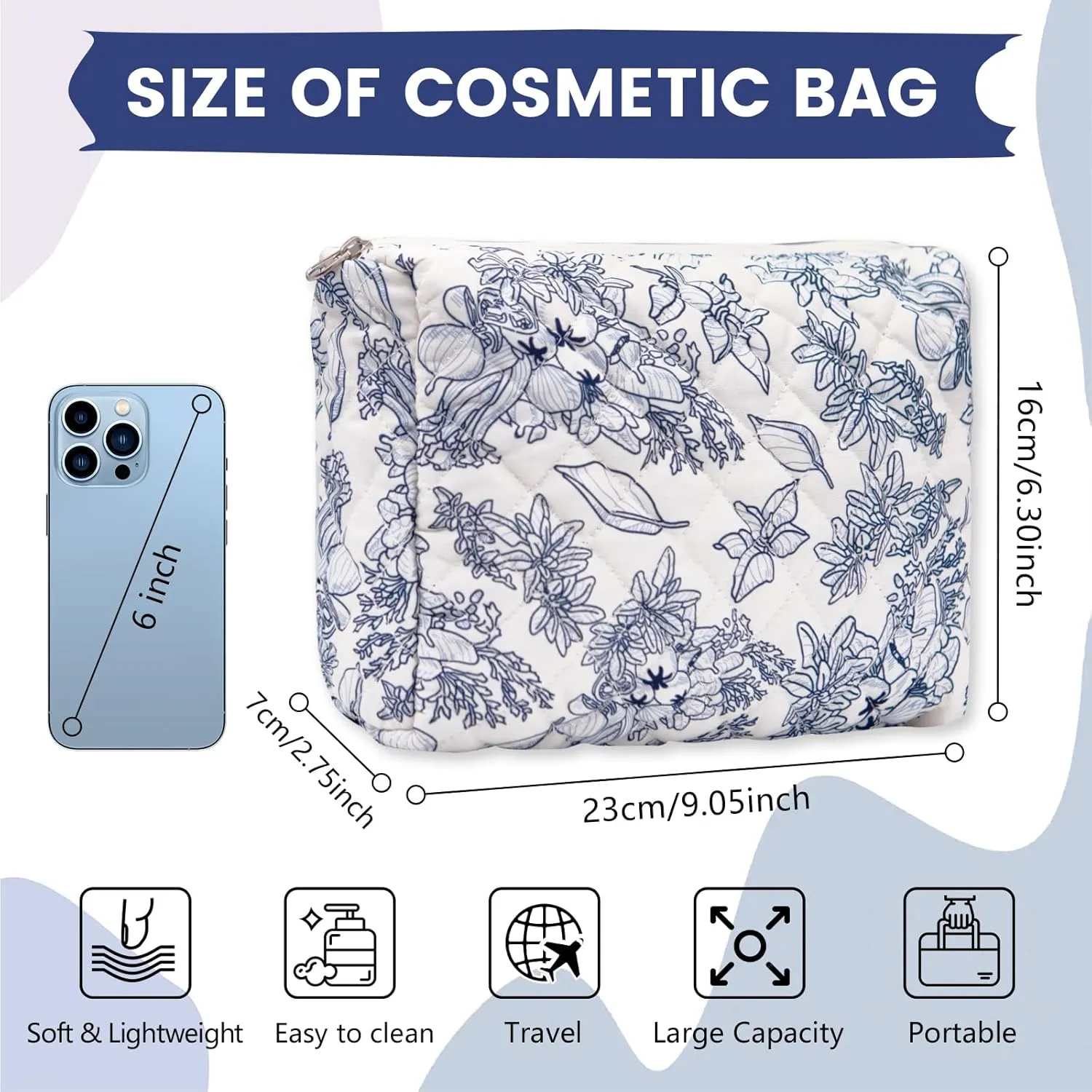 Long Keeper Large Makeup Bag Floral Aesthetic Cosmetic Bag Women Cotton Travel Make Up Bag Cute Flower Toiletry Organizer Bag (Navy Flower)
