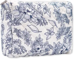 Long Keeper Large Makeup Bag Floral Aesthetic Cosmetic Bag Women Cotton Travel Make Up Bag Cute Flower Toiletry Organizer Bag (Navy Flower)