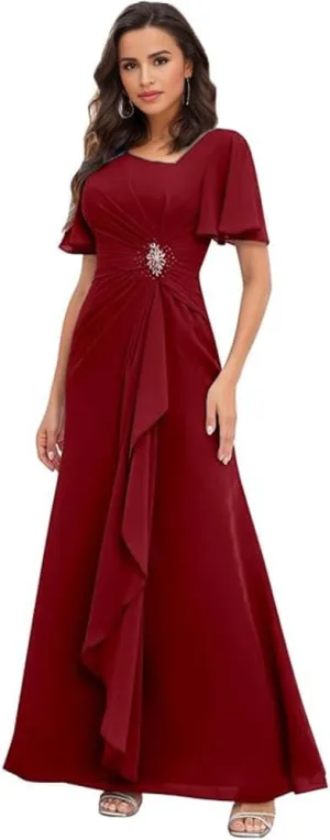 Long Mother of The Bride Dresses with Sleeves V Neck Ruffles Beaded A Line Chiffon Formal Wedding Guest Dress