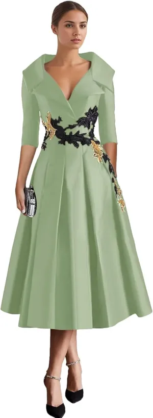 Long Sleeve Mother of The Bride Dresses Tea Length Prom Dress Applique Satin Formal Evening Gowns with Pockets