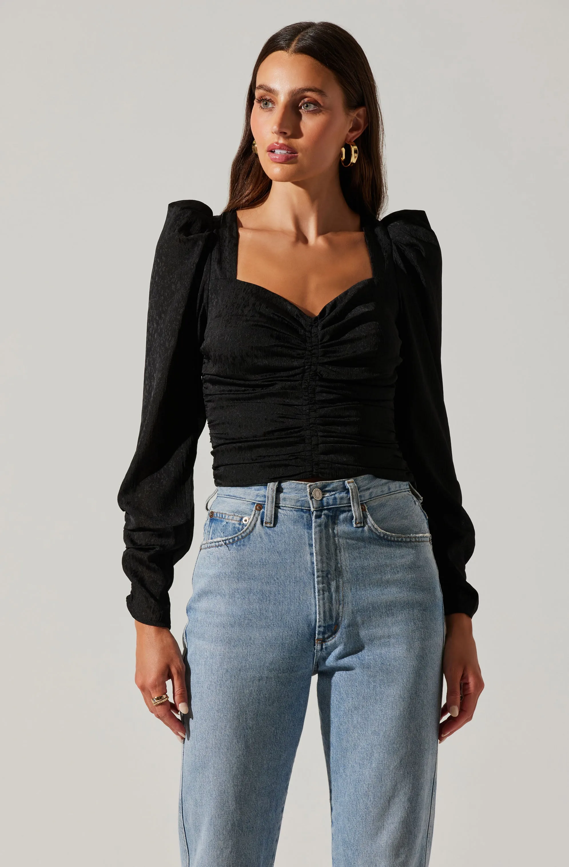 Long Sleeve Ruched Puff Sleeve Top