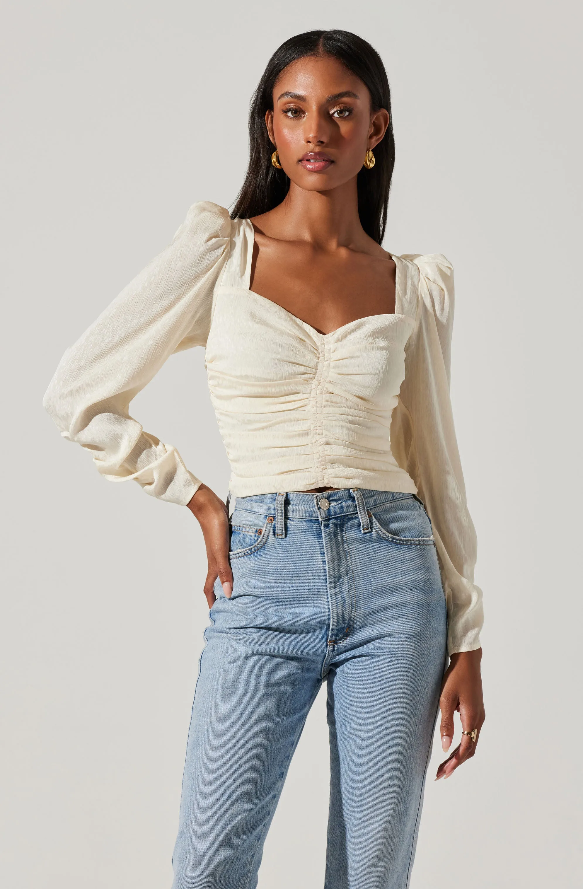 Long Sleeve Ruched Puff Sleeve Top