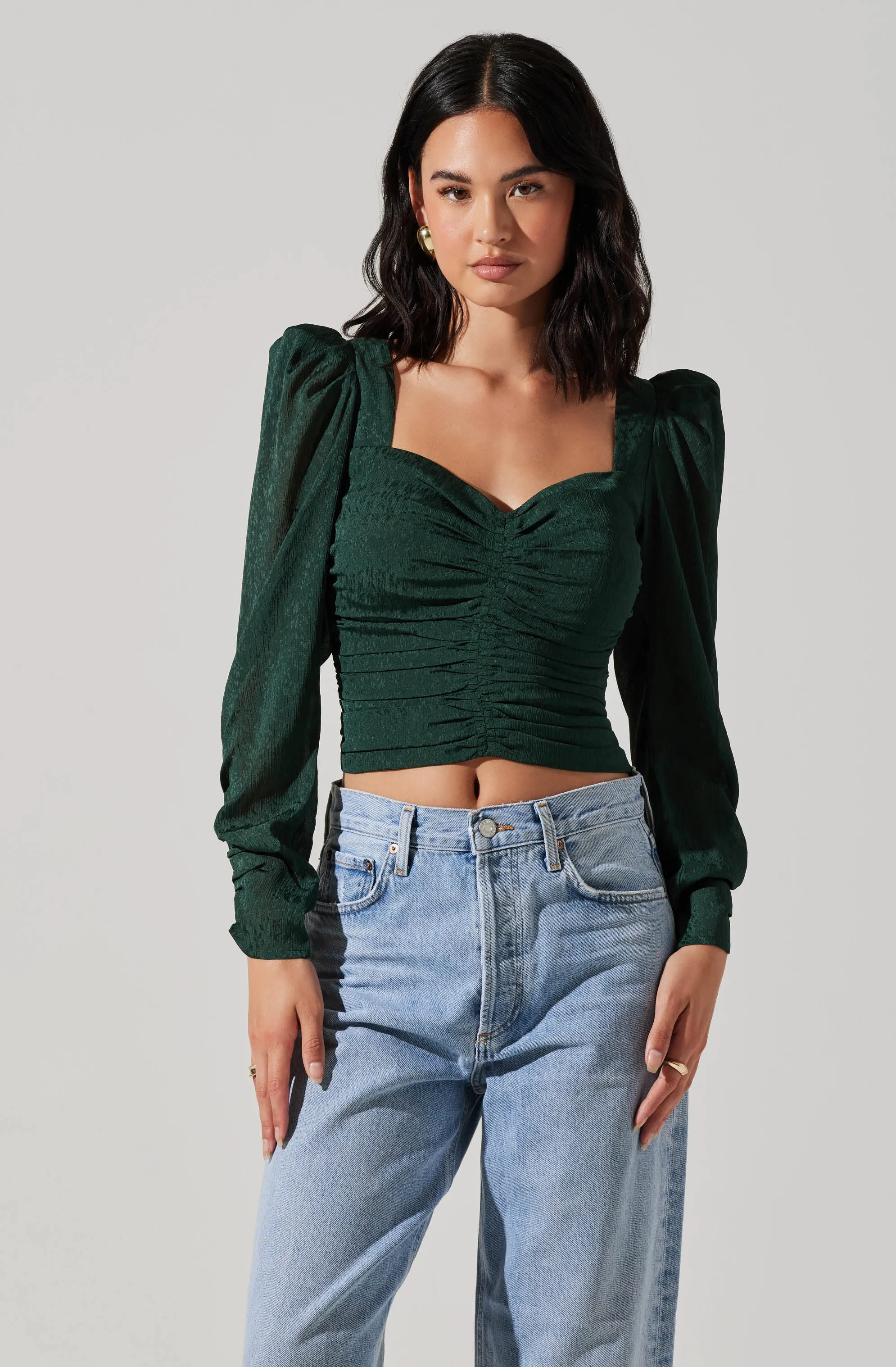 Long Sleeve Ruched Puff Sleeve Top