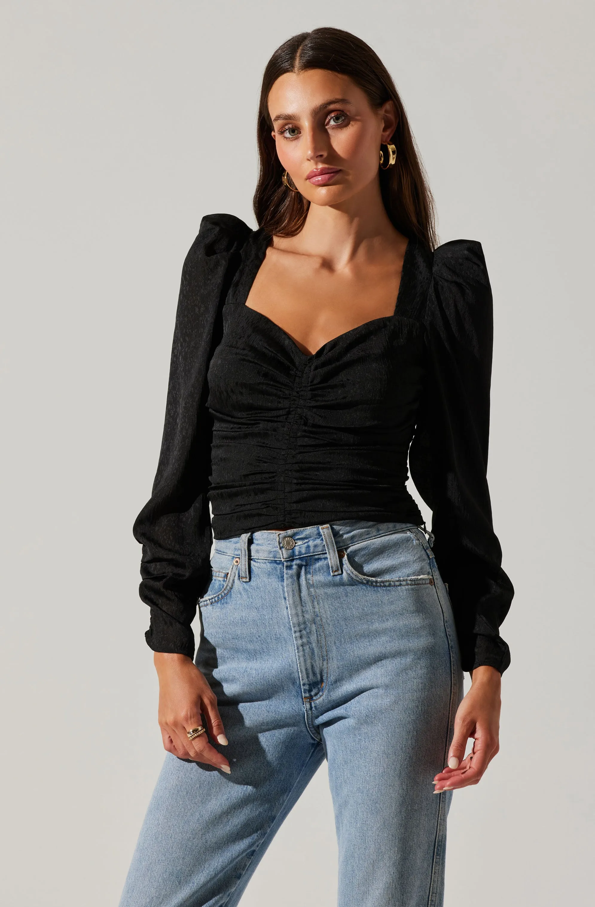 Long Sleeve Ruched Puff Sleeve Top