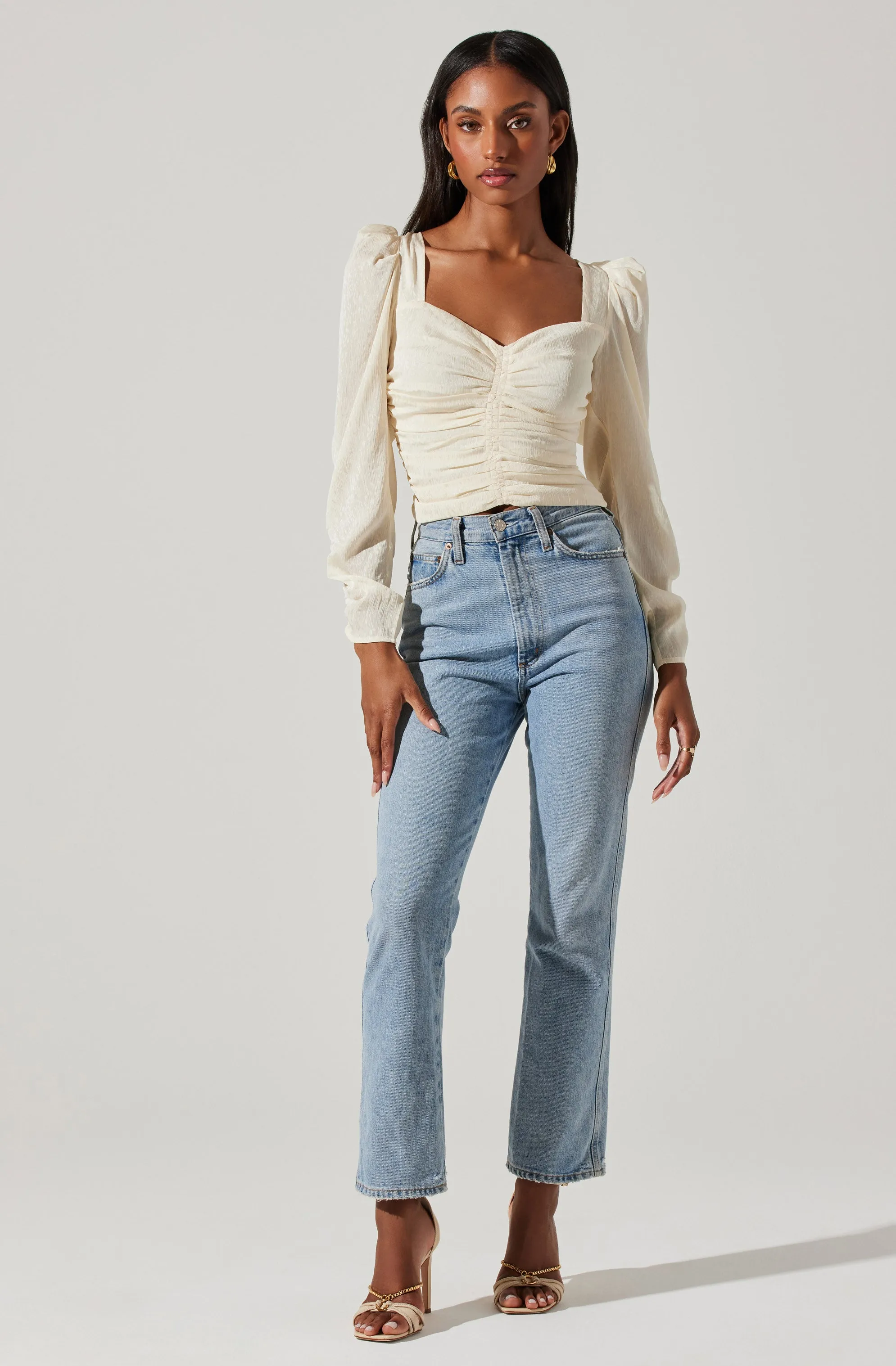 Long Sleeve Ruched Puff Sleeve Top