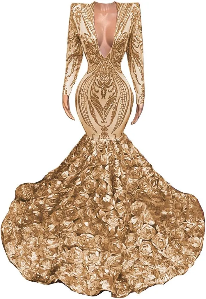 Long Sleeve V Neck Mermaid Sequined Organza Prom Evening Shower Party Dress Pageant Celebrity Gown