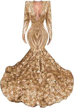 Long Sleeve V Neck Mermaid Sequined Organza Prom Evening Shower Party Dress Pageant Celebrity Gown