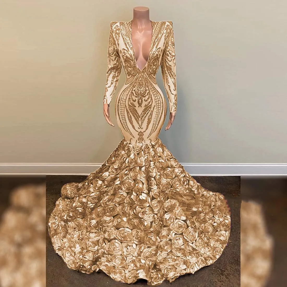 Long Sleeve V Neck Mermaid Sequined Organza Prom Evening Shower Party Dress Pageant Celebrity Gown