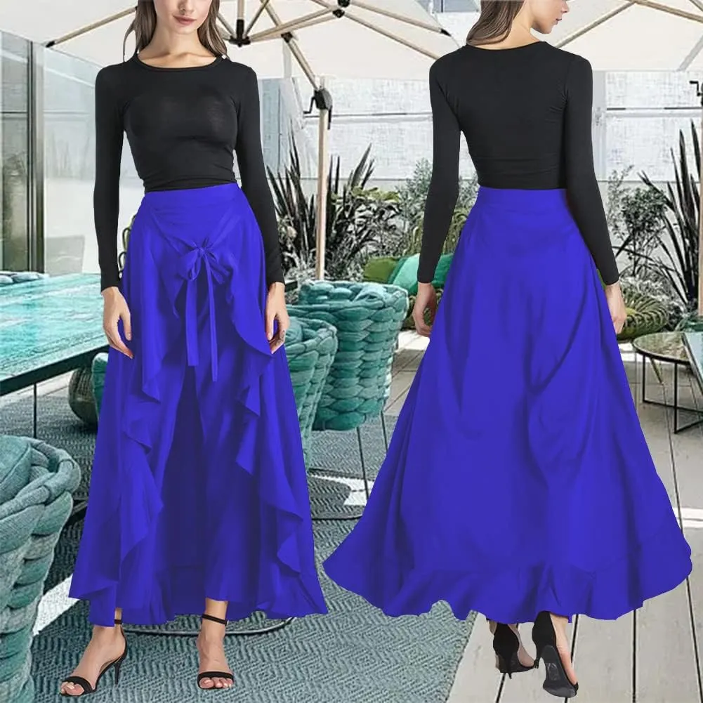 Lrady Women's Ruffle Pants High Waist Trousers Casual Beach Maxi Long Palazzo Overlay Pant Skirts