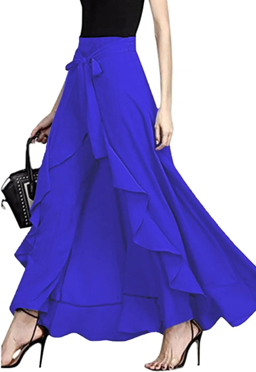 Lrady Women's Ruffle Pants High Waist Trousers Casual Beach Maxi Long Palazzo Overlay Pant Skirts