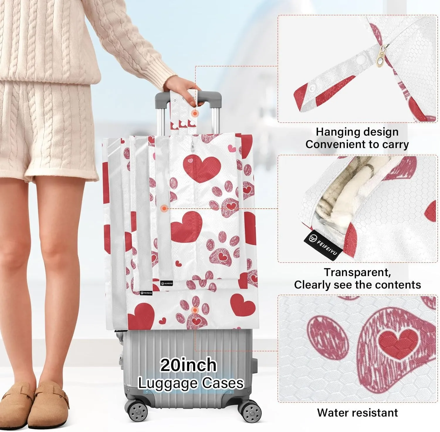 Luggage Space Saver, Luggages Management Personnel, Dog Paw Print Hearts Valentines Day, With Zipper, 3 Set Travel Packing Cubes For Suitcases, Garment Bag Closet Storage