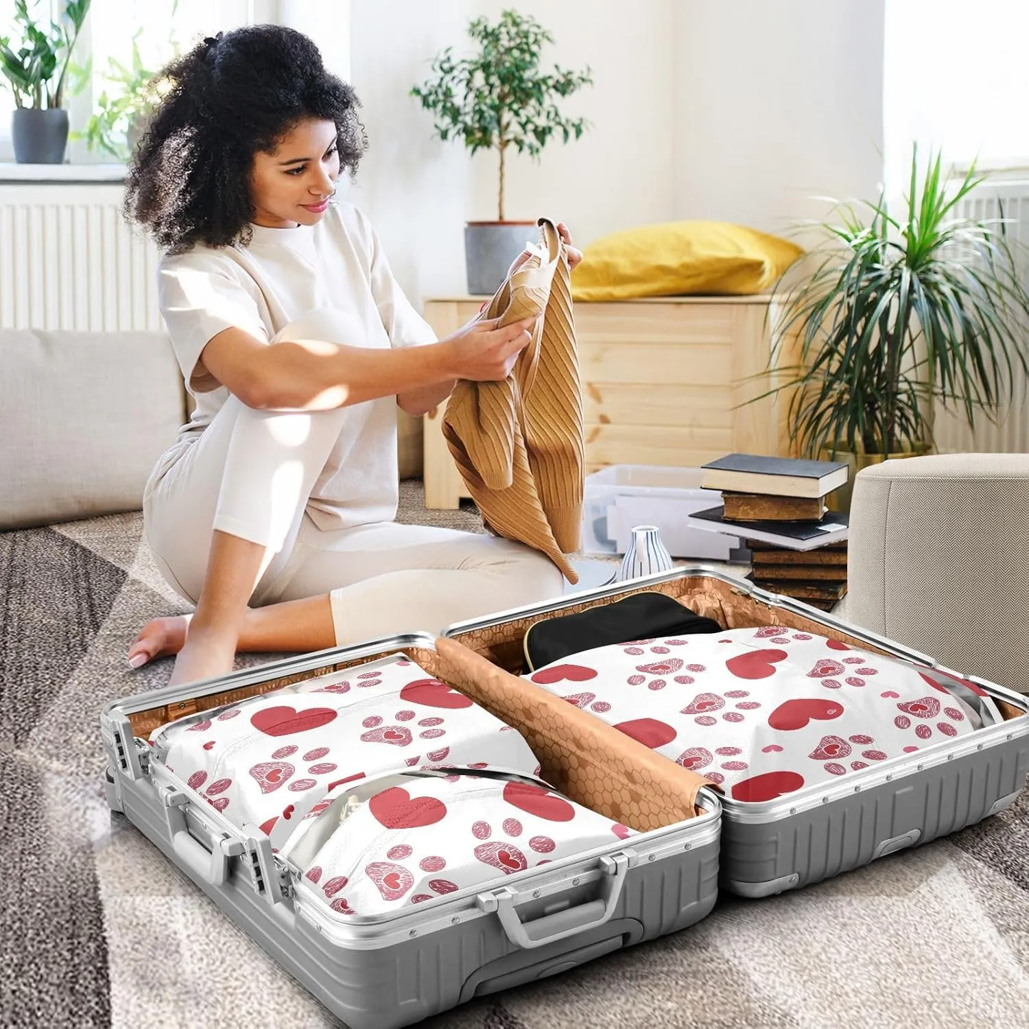 Luggage Space Saver, Luggages Management Personnel, Dog Paw Print Hearts Valentines Day, With Zipper, 3 Set Travel Packing Cubes For Suitcases, Garment Bag Closet Storage