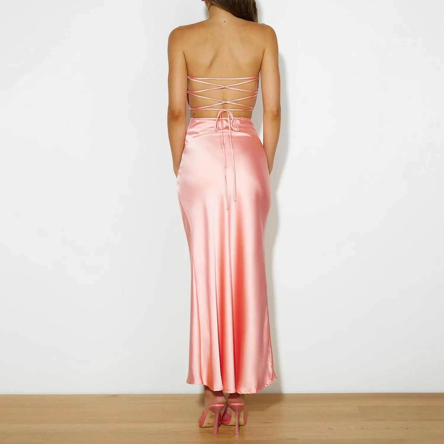 MAINESAKA Women y2k Skirt Set Satin Ruched 3D Flower Tube Tops and Bodycon Maxi Skirt Summer Going Out Outfit Party Clubwear