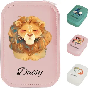 MAYCARI Custom Travel Portable LED Makeup Mirror Case Cartoon Zodiac Leather Personalized Name Makeup Organizer DIY Jewelry Organizer Case for Women Daughter Mother Birthday Christmas Gifts (Pink)