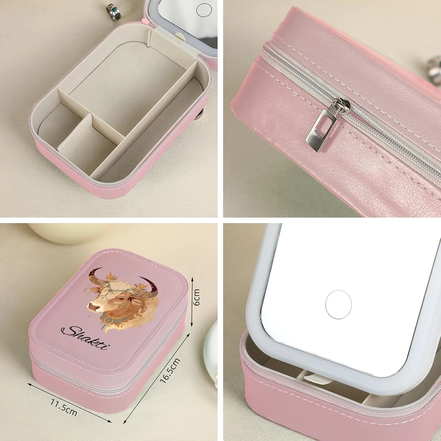 MAYCARI Custom Travel Portable LED Makeup Mirror Case Cartoon Zodiac Leather Personalized Name Makeup Organizer DIY Jewelry Organizer Case for Women Daughter Mother Birthday Christmas Gifts (Pink)