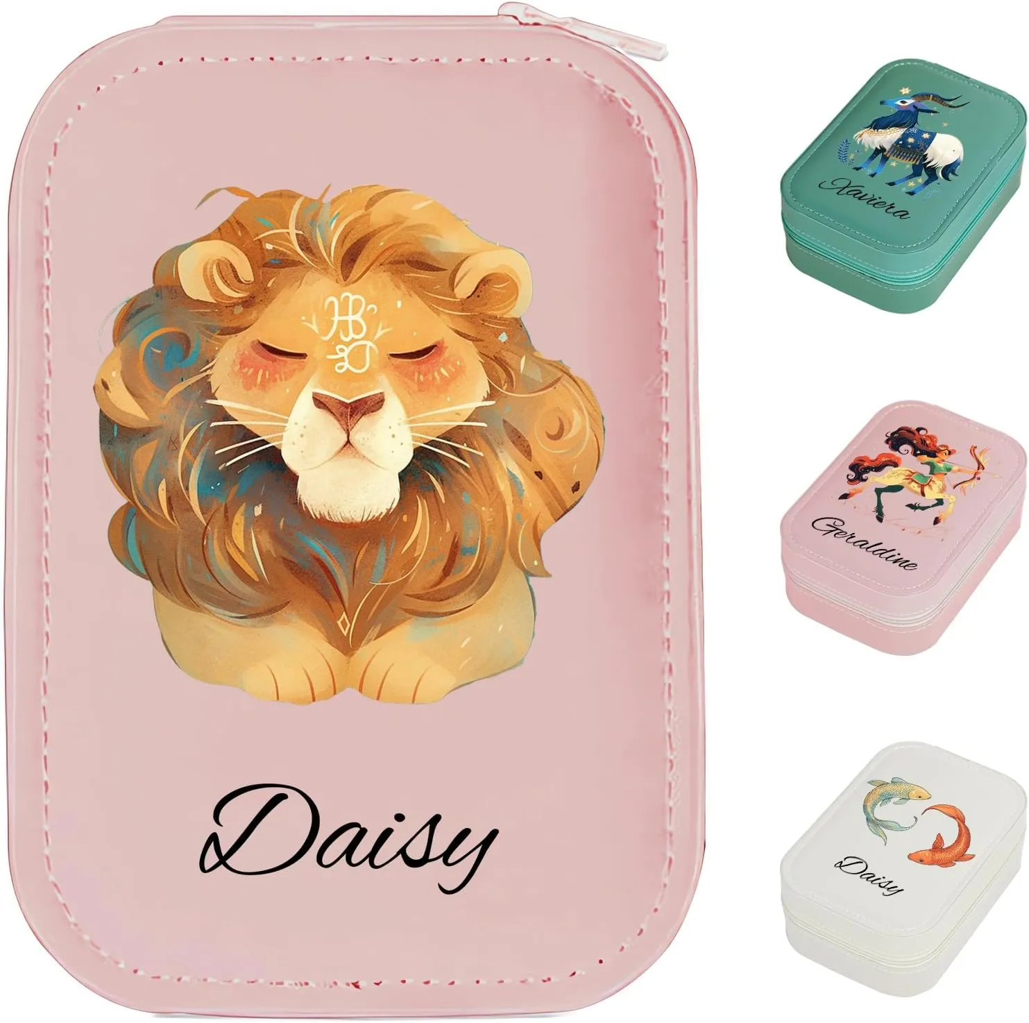 MAYCARI Custom Travel Portable LED Makeup Mirror Case Cartoon Zodiac Leather Personalized Name Makeup Organizer DIY Jewelry Organizer Case for Women Daughter Mother Birthday Christmas Gifts (Pink)