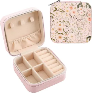 MAYCARI Pink Leather Square Travel Makeup Bag Floral Art Flowers Leather Makeup Case Portable Jewelry Organizer Case for Women Daughter Mother Birthday Christmas Gifts