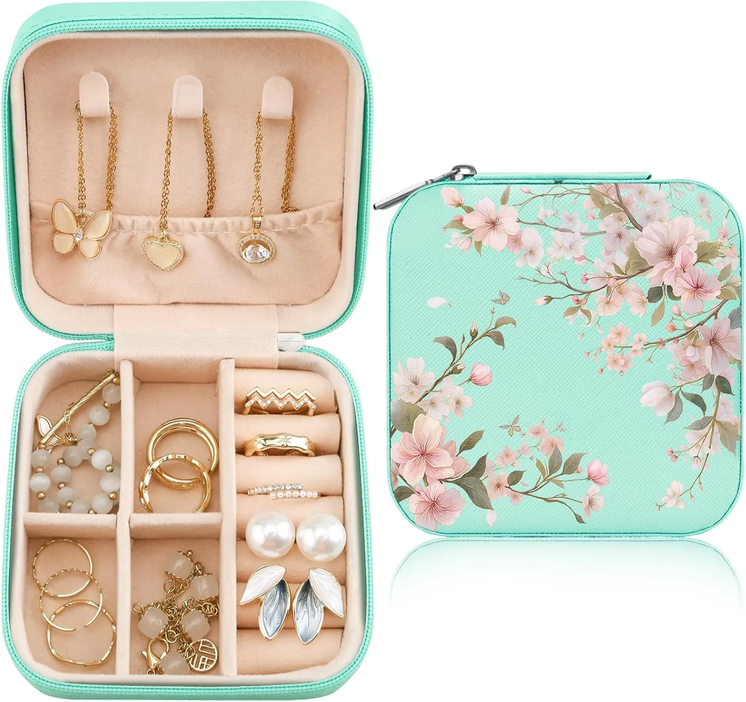 MAYCARI Teal Green Leather Square Travel Makeup Bag Floral Bloom FlowersLeather Makeup Case Portable Jewelry Organizer Case for Women Daughter Mother Birthday Christmas Gifts