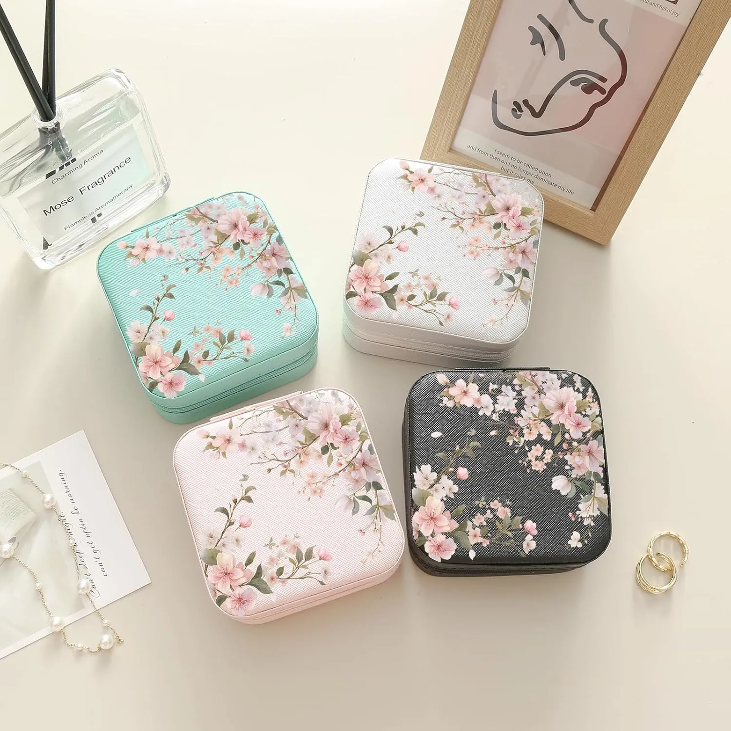 MAYCARI Teal Green Leather Square Travel Makeup Bag Floral Bloom FlowersLeather Makeup Case Portable Jewelry Organizer Case for Women Daughter Mother Birthday Christmas Gifts