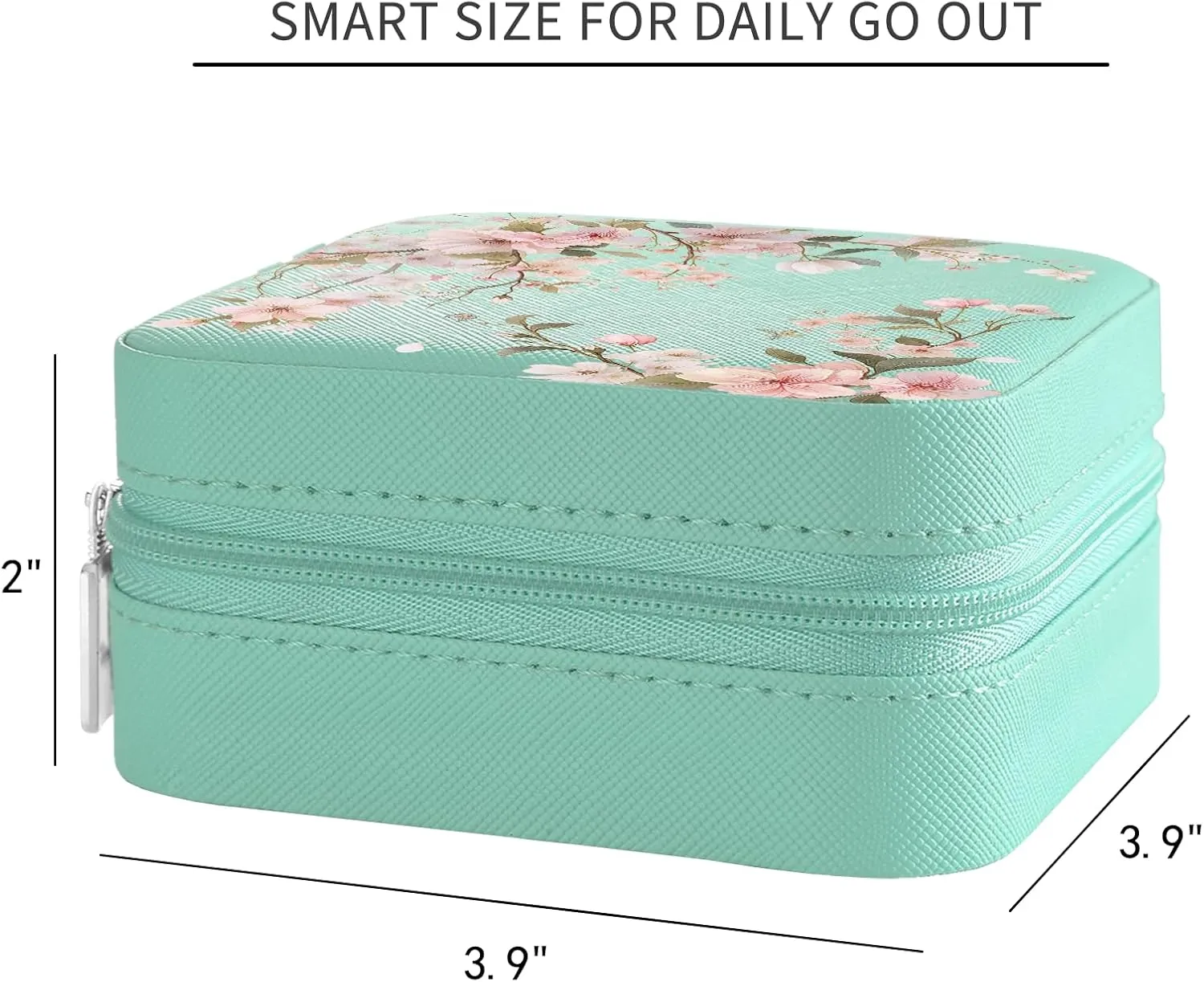 MAYCARI Teal Green Leather Square Travel Makeup Bag Floral Bloom FlowersLeather Makeup Case Portable Jewelry Organizer Case for Women Daughter Mother Birthday Christmas Gifts