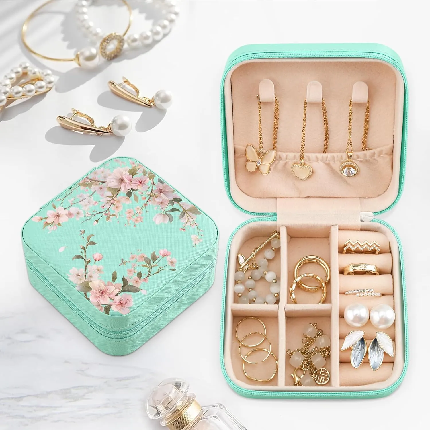 MAYCARI Teal Green Leather Square Travel Makeup Bag Floral Bloom FlowersLeather Makeup Case Portable Jewelry Organizer Case for Women Daughter Mother Birthday Christmas Gifts