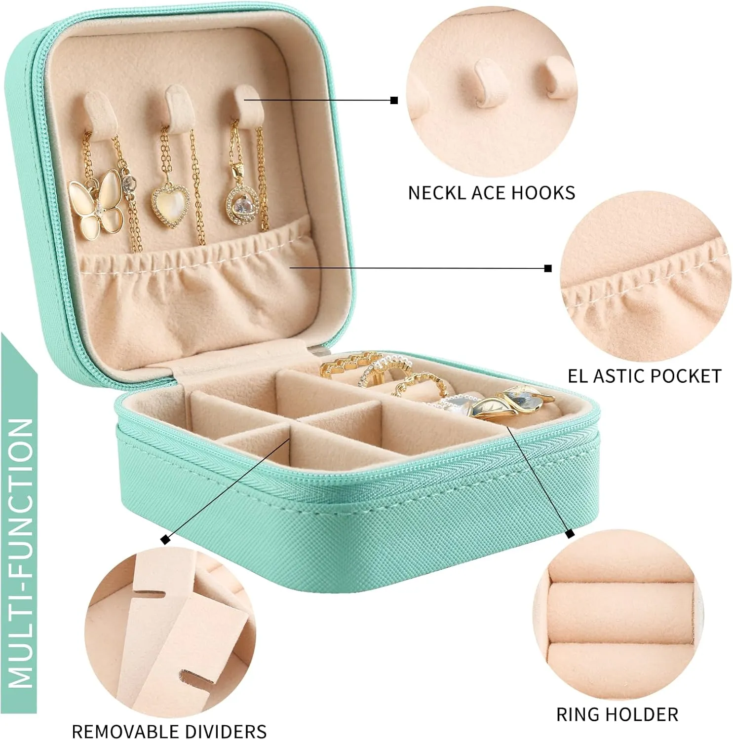 MAYCARI Teal Green Leather Square Travel Makeup Bag Floral Bloom FlowersLeather Makeup Case Portable Jewelry Organizer Case for Women Daughter Mother Birthday Christmas Gifts