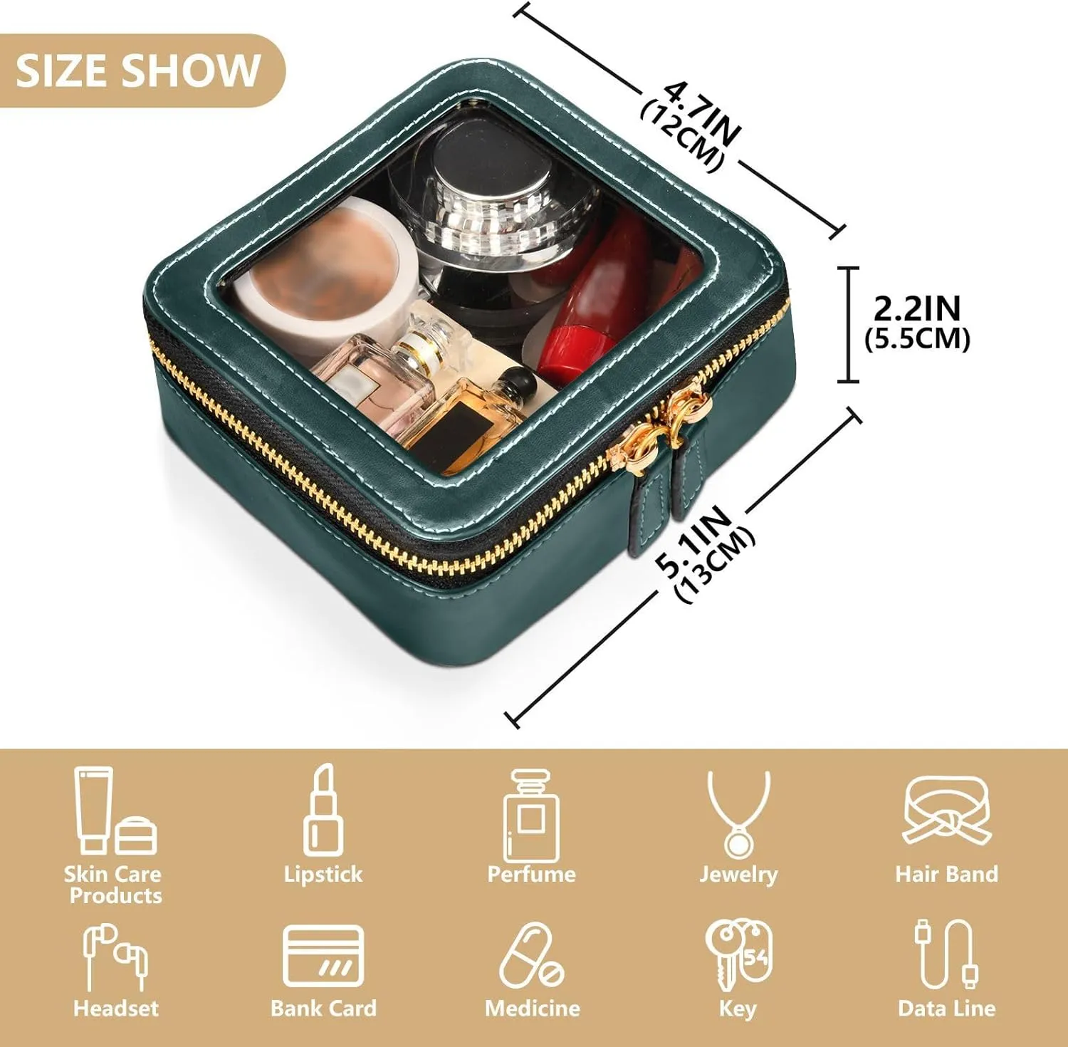 MCHIVER Emerald Green Cosmetic Bags Clear Makeup Bag Travel Toiletry Bag with Zipper Mini Makeup Organizer for Girls Women