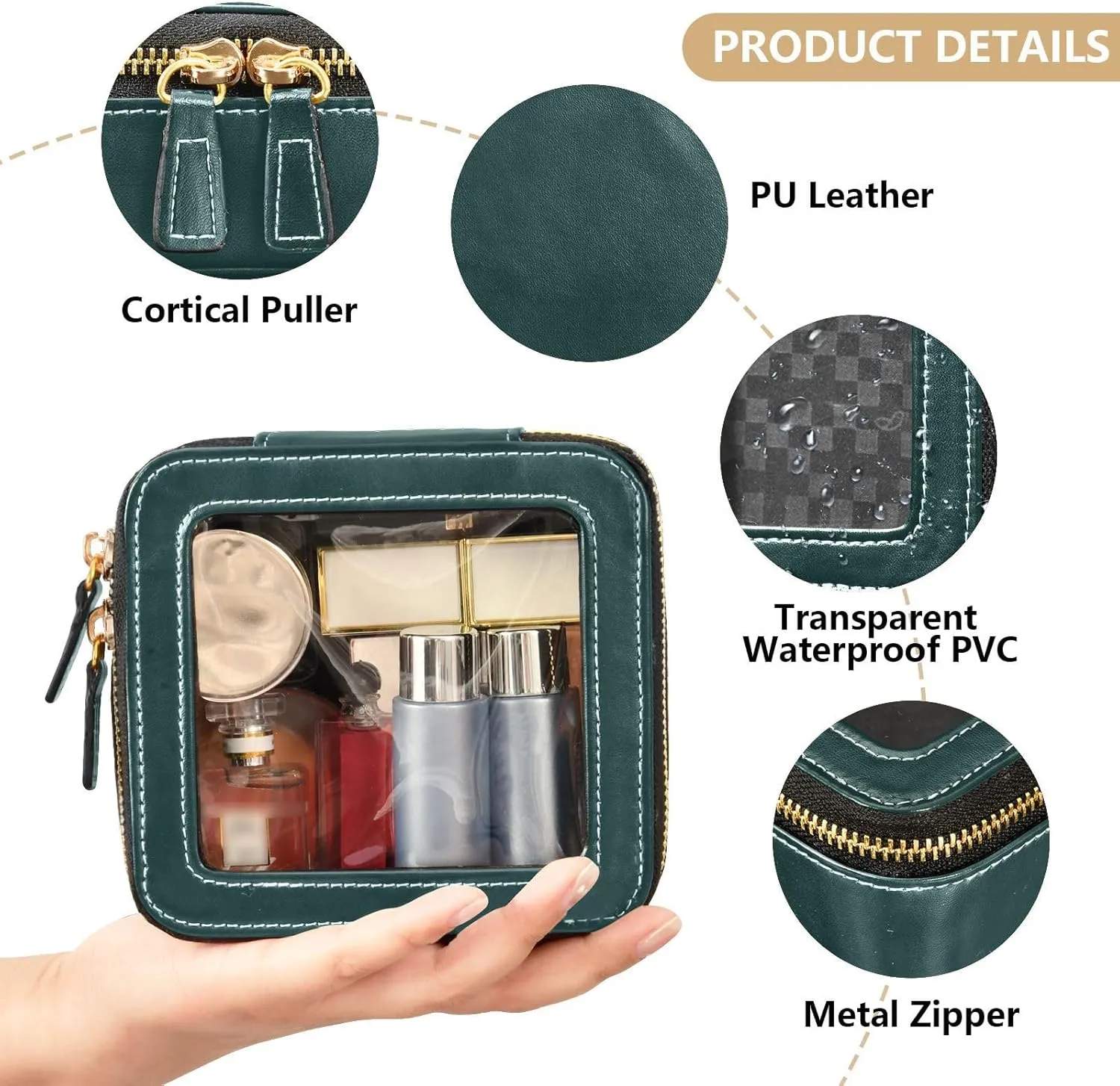 MCHIVER Emerald Green Cosmetic Bags Clear Makeup Bag Travel Toiletry Bag with Zipper Mini Makeup Organizer for Girls Women