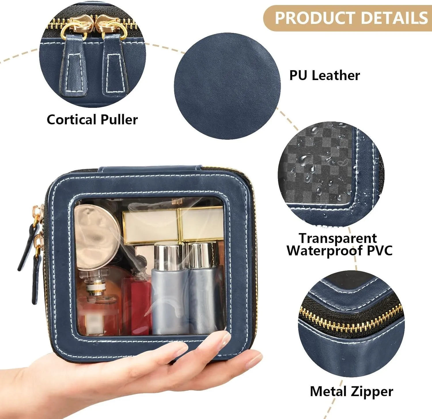 MCHIVER Navy Blue Cosmetic Bags Clear Makeup Bag Travel Toiletry Bag with Zipper Mini Makeup Pouch for Girls Women