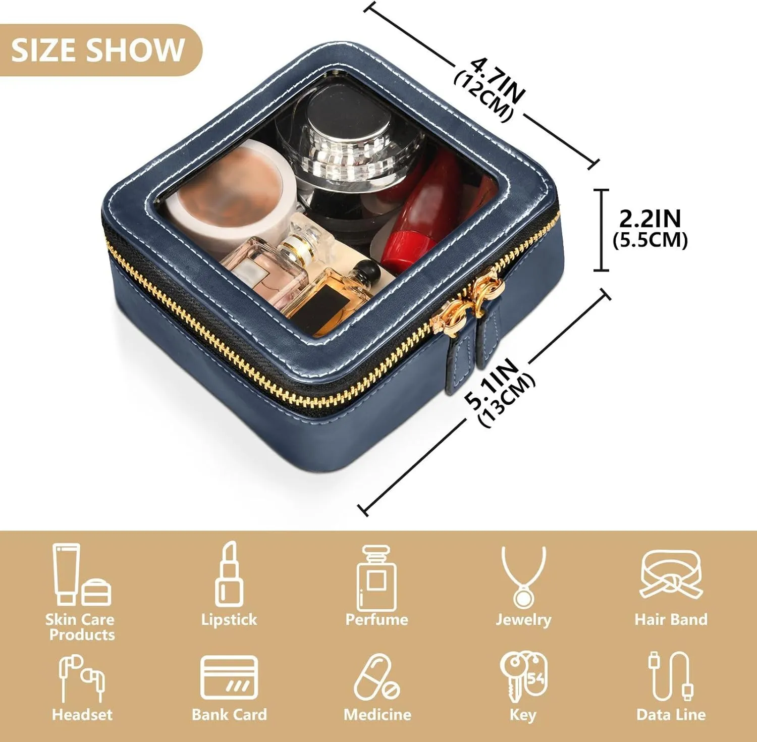 MCHIVER Navy Blue Cosmetic Bags Clear Makeup Bag Travel Toiletry Bag with Zipper Mini Makeup Pouch for Girls Women