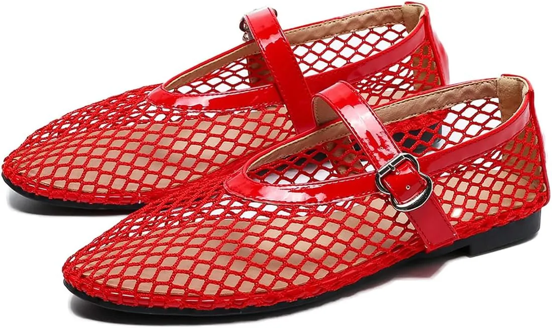 MeiLuSi Ballet Flats for Women, Mary Janes Flats Metal Buckle Strap Mesh Perforated Mary Jane Comfortable Ballerina Flat Shoes