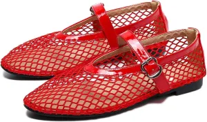 MeiLuSi Ballet Flats for Women, Mary Janes Flats Metal Buckle Strap Mesh Perforated Mary Jane Comfortable Ballerina Flat Shoes