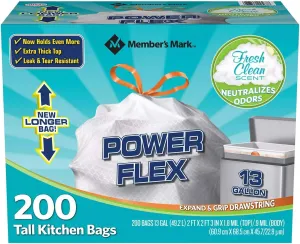 Member's Mark Power Flex Tall Kitchen Drawstring Trash Bags (13 Gallon, 2 Rolls of 100 ct., 200 count total)