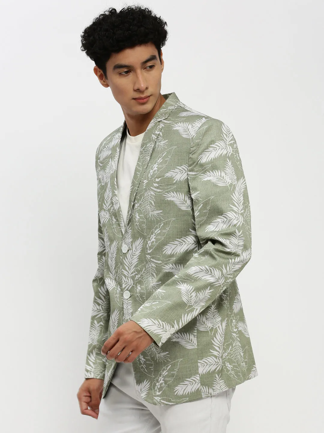 Men Sea Green Printed Notched Lapel Single Breasted Slim-Fit Blazer