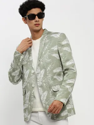 Men Sea Green Printed Notched Lapel Single Breasted Slim-Fit Blazer