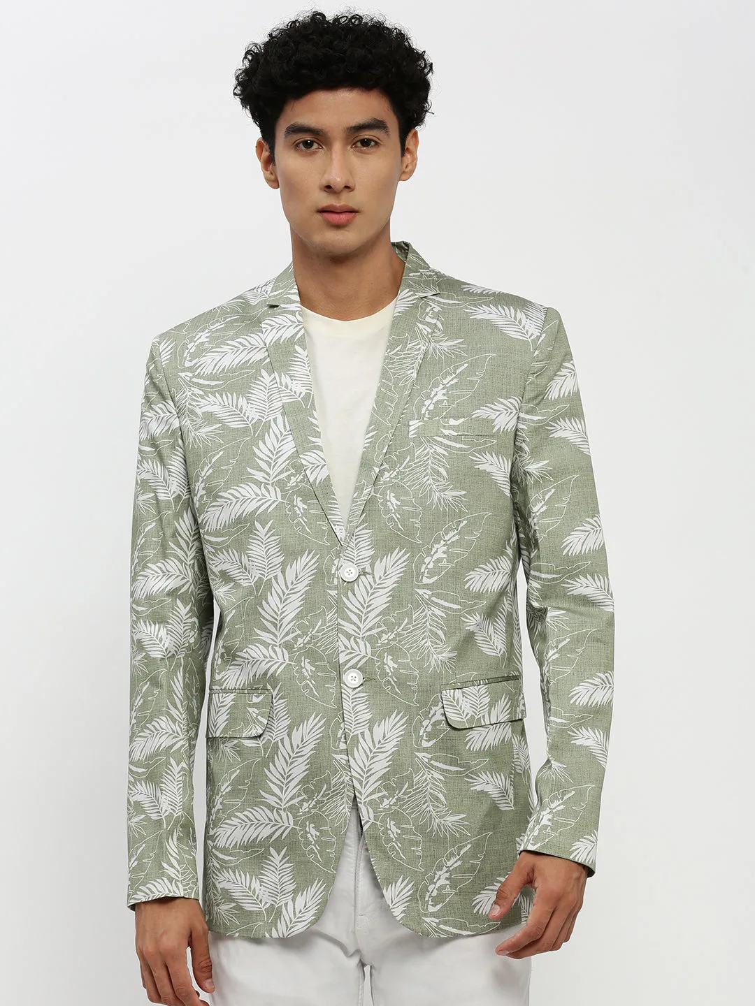 Men Sea Green Printed Notched Lapel Single Breasted Slim-Fit Blazer