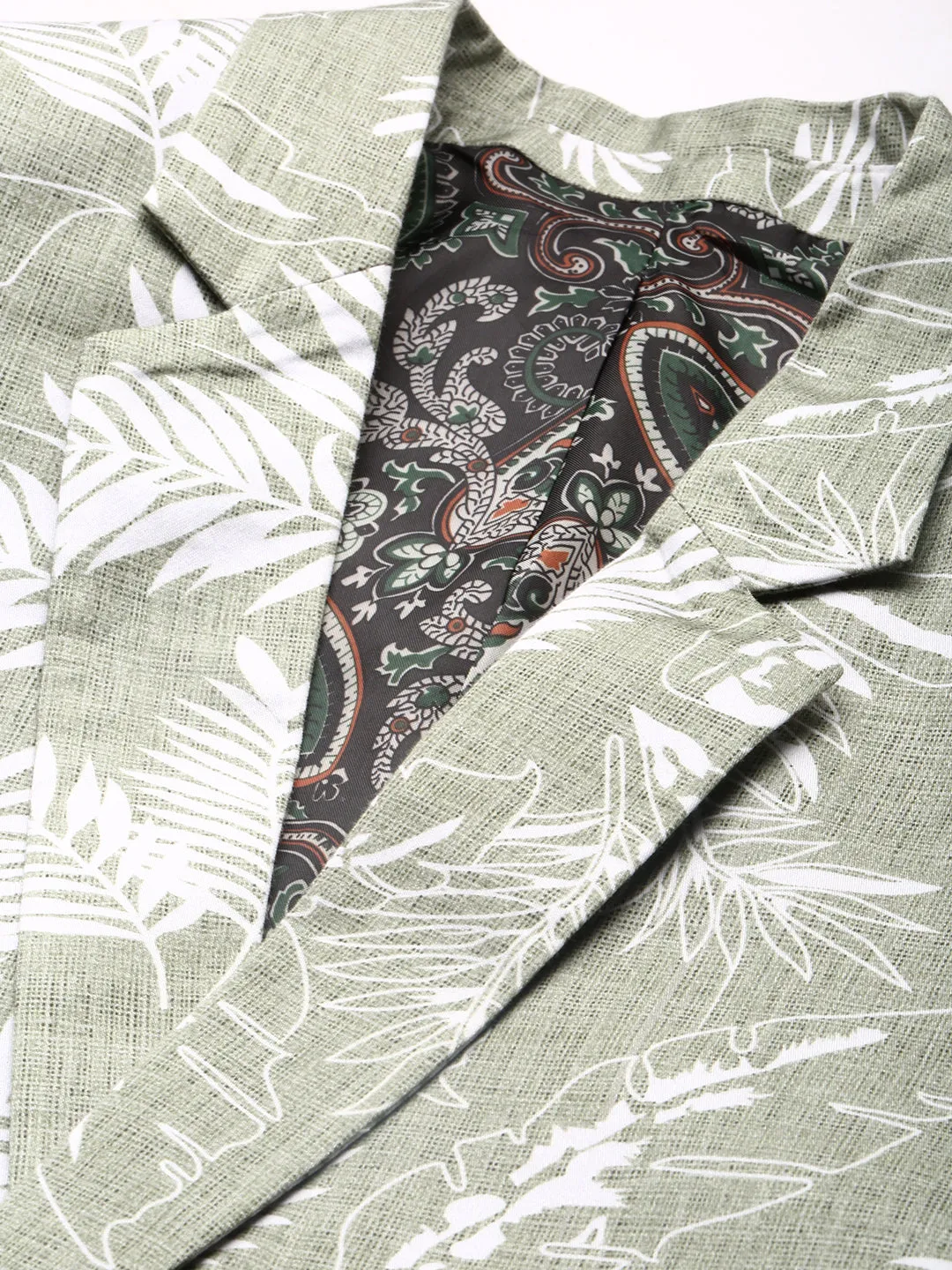 Men Sea Green Printed Notched Lapel Single Breasted Slim-Fit Blazer