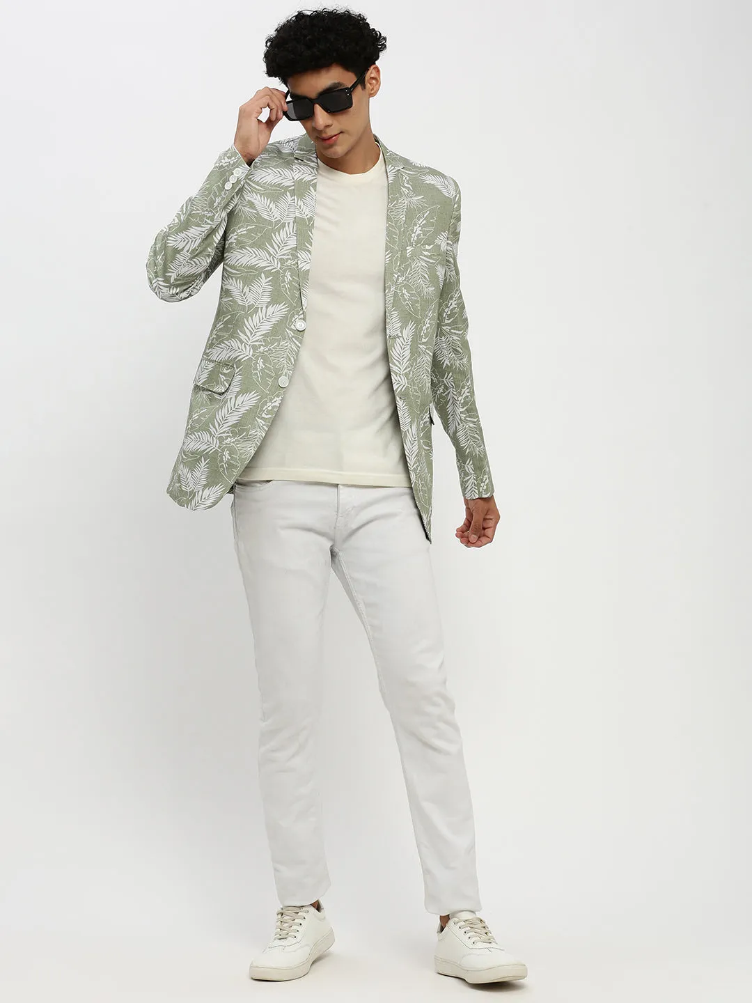 Men Sea Green Printed Notched Lapel Single Breasted Slim-Fit Blazer