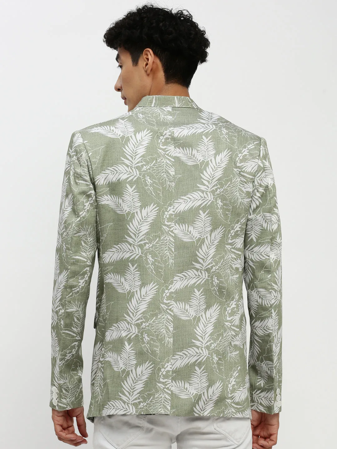 Men Sea Green Printed Notched Lapel Single Breasted Slim-Fit Blazer