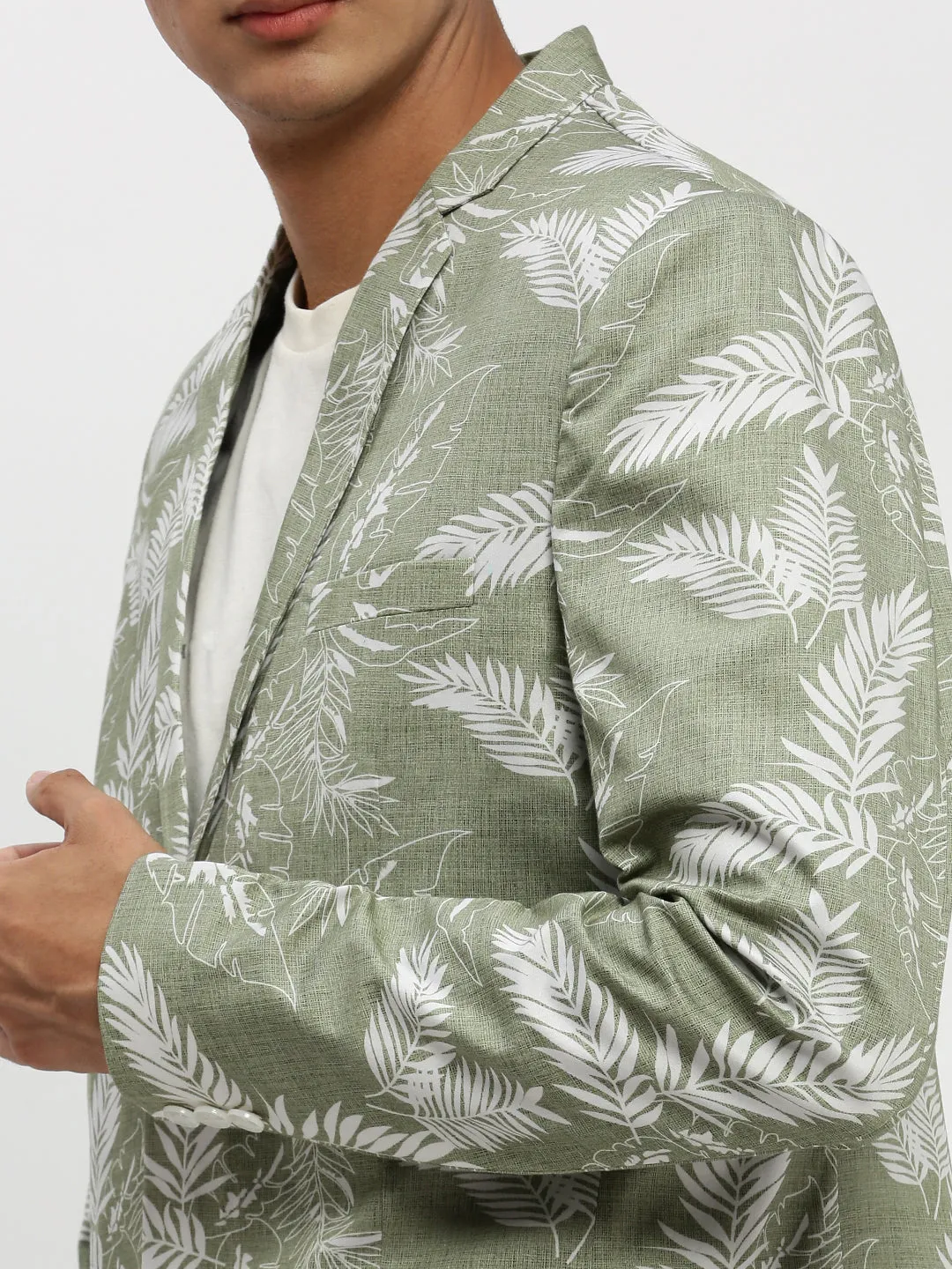 Men Sea Green Printed Notched Lapel Single Breasted Slim-Fit Blazer