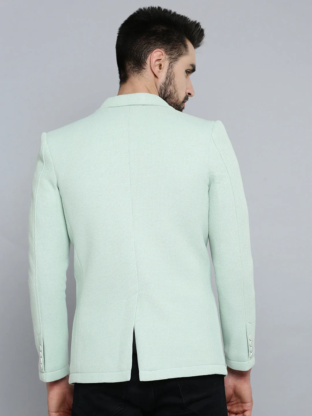 Men Sea Green Self Design Single-Breasted Casual Blazers