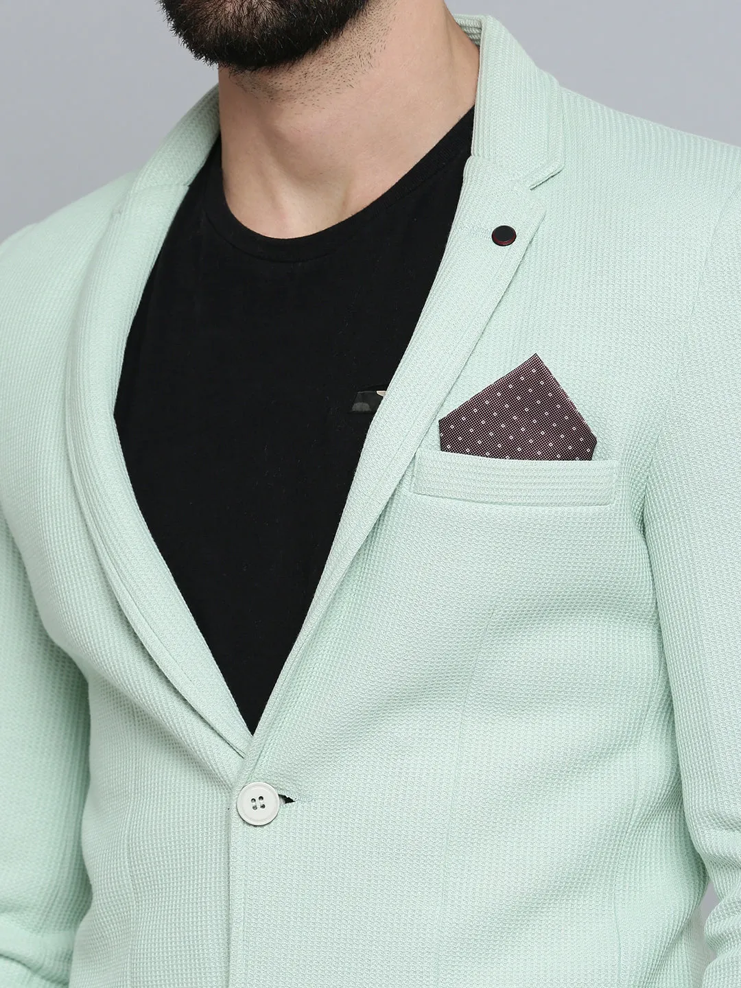 Men Sea Green Self Design Single-Breasted Casual Blazers