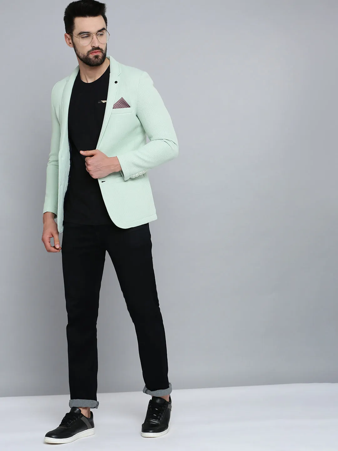 Men Sea Green Self Design Single-Breasted Casual Blazers