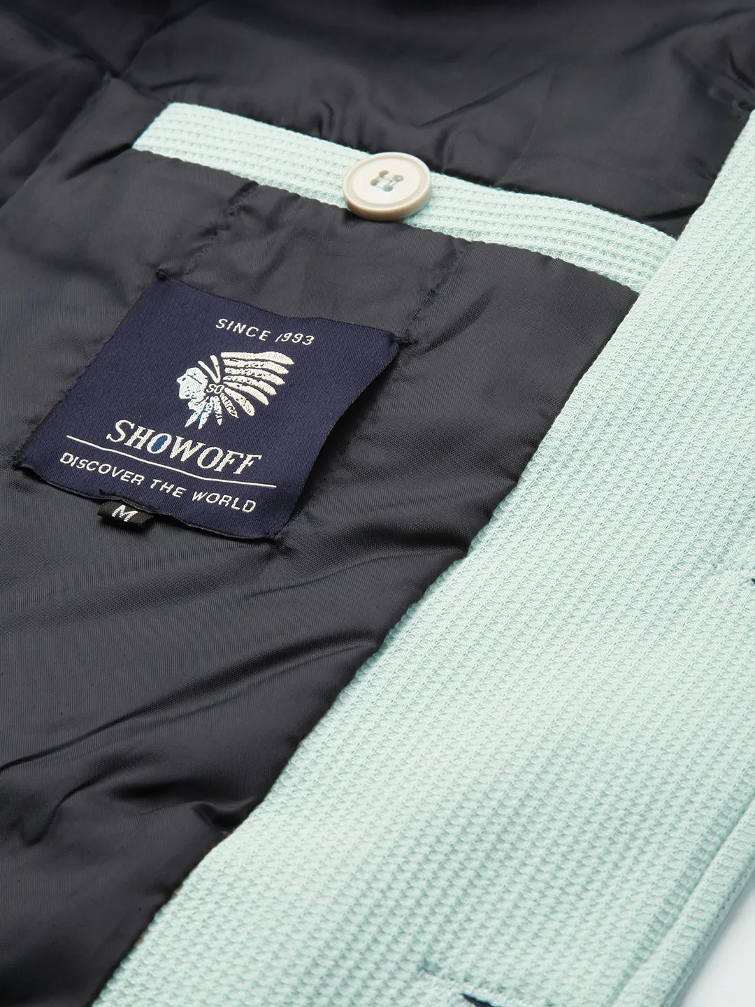 Men Sea Green Self Design Single-Breasted Casual Blazers