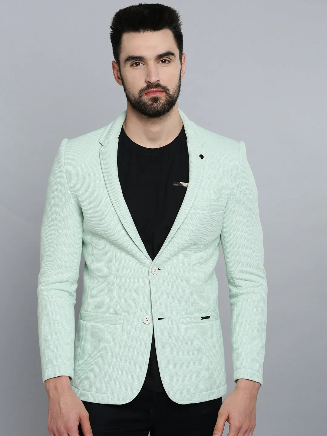 Men Sea Green Self Design Single-Breasted Casual Blazers