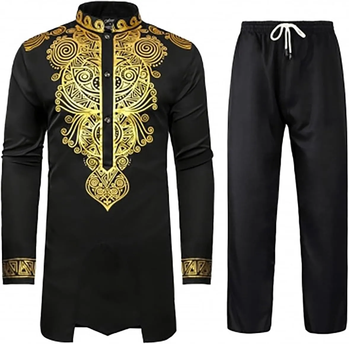Men's Africa Suit Retro Long Sleeve Graphic Musilm Thobe and Pants Outfit Middle East Islamic Traditional 2 Piece Set