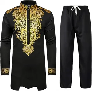 Men's Africa Suit Retro Long Sleeve Graphic Musilm Thobe and Pants Outfit Middle East Islamic Traditional 2 Piece Set