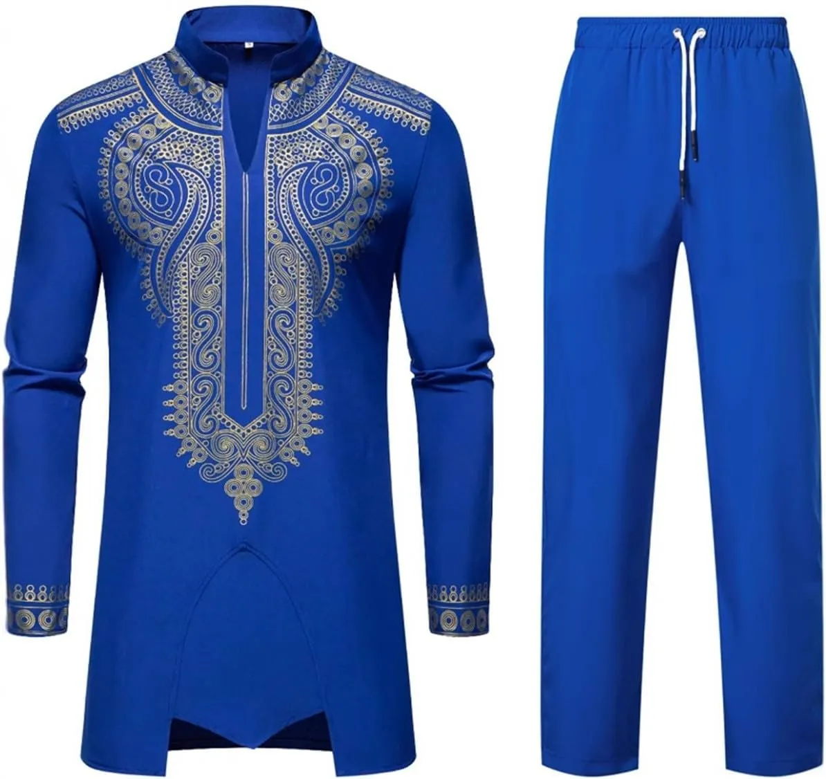 Men's Africa Suit Retro Long Sleeve Graphic Musilm Thobe and Pants Outfit Middle East Islamic Traditional 2 Piece Set