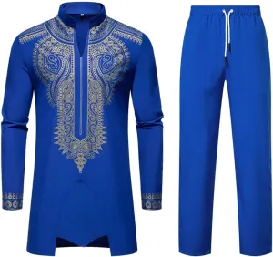 Men's Africa Suit Retro Long Sleeve Graphic Musilm Thobe and Pants Outfit Middle East Islamic Traditional 2 Piece Set
